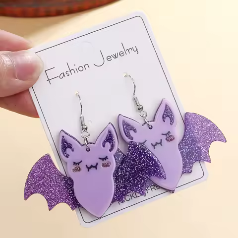 WELBACK Halloween Funny Earrings for Women Cute Purple Flying Acrylic Bat Dangle Earrings Halloween 