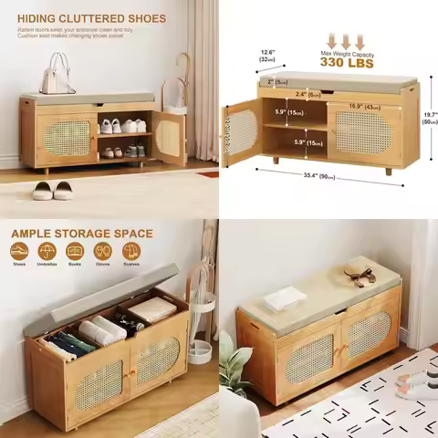 35.4 Bamboo 2-Tier Shoe Storage Bench with Cushion for Entryway and Living Spaces