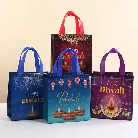 4Pcs Happy Diwali Theme Gift Packing Bag Non-Woven Shopping Tote Bag for India Diwali Festival Party