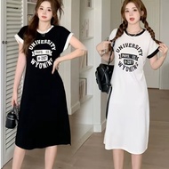 Women Letter Printed Causal Long Dress Short Sleeve Split Loose Dress