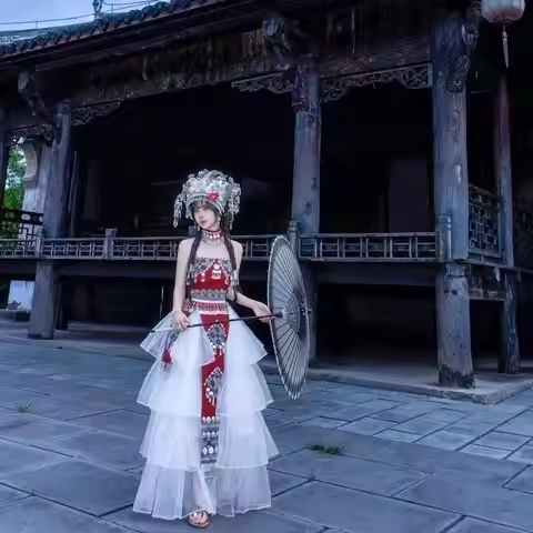 Summer Hmong Costume Women's Traditional Chinese Hanfu Hawaii Beach Party Miaojiang Girl Cosplay Cos