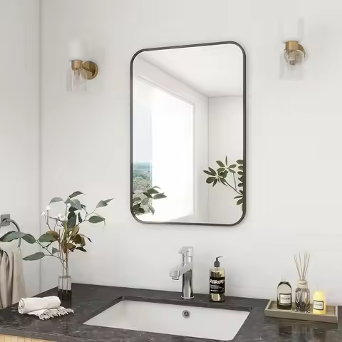 20" x 28" Rectangular Aluminum Alloy Frame Wall Mounted Bathroom Mirror with Rounded Corners