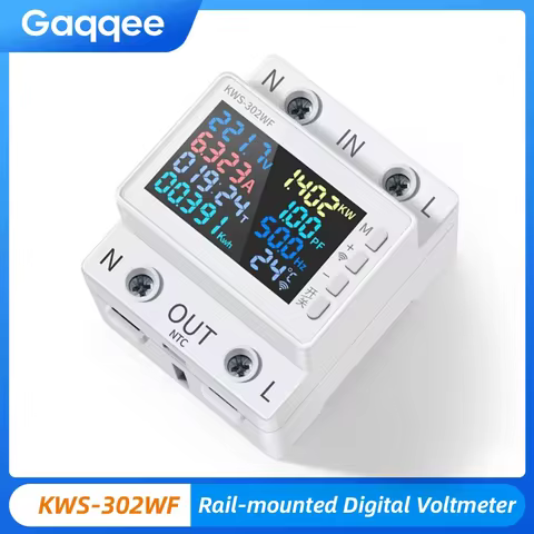 KWS-302WF Guide Rails Digital Voltmeter Ammeter Voltage Tester Meter 63A AC170-300V Over-temperature
