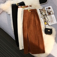 Mili Free Belt!Long Hong Kong Style Retro vintage Corduroy Split Straight Skirt Autumn Winter Women 