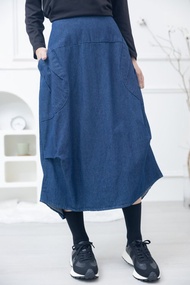 前短後長傘狀牛仔裙 藍色
