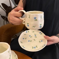 French Ins Style Hand-Painted Small Flower Hand-Pinched Irregular Ceramic Coffee Cup Saucer High-Val