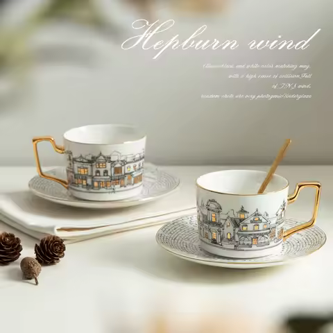 Vintage European Town Phnom Penh Ceramic Coffee Cup and Saucer Set Retro Afternoon Tea Cup High-end