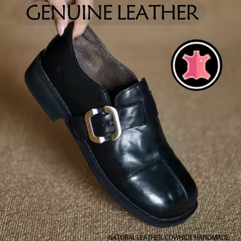Genuine Leather Women Loafers Genuine Leather Shoes for Women Round Toe Chunky Heel Shoes Belt Buckl