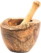 Olive Wood Mortar and Pestle. Made of Original Mediterranean Olive Wood. Beautiful, Long-Lasting Durability, Sustainable. Rustic.