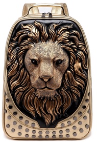 3D Lion Laptop Backpack Unique Designer PU Leather Fashion Travel Rivet Punk Backpack (Gold)