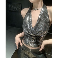 Sequins Hanging Neck Halter Undershirt Female Summer Short Slim Sleeveless Top Low-cut V-neck Backless Halter Tank Tops