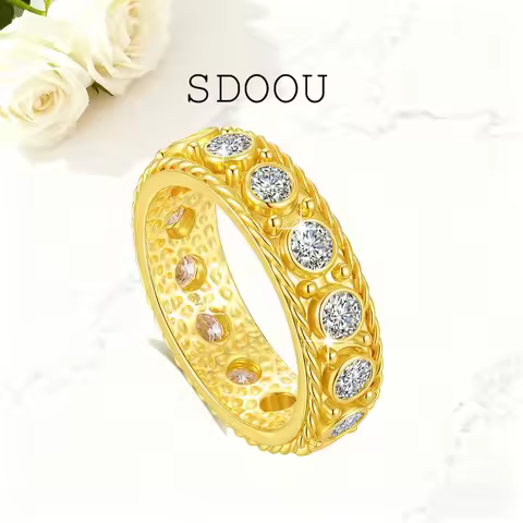 SDOOU Luxury Real 14K Gold Round Moissanite Ring AU585 With Certificate Wedding Band Jewelry Christm