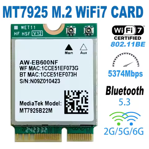 WDXUN for MT7925 WiFi7 Network Card Bluetooth 5.3 M.2 NGFF Wireless Adapter 5400Mbps Tri Band 2.4G 5