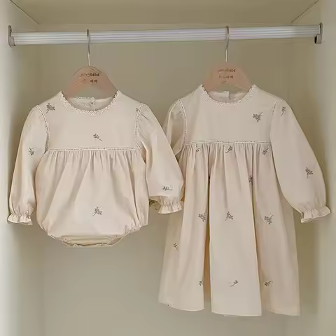 Family Sister Matching Dress Outfit Baby Girls Clothes Sisters Dress Embroidered Hollow Girl Dress B