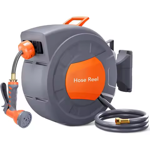 Retractable Garden Hose Reel 1/2 In x 100 FT Wall Mounted Water Hose Reels for Outside with 9 Functi