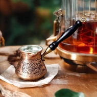 Vintage Design Turkish Coffee Pot Wooden Handle Handmade Copper Cezve Rustproof for Collectors