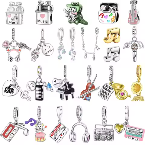 925 Sterling Silver Music Charms Beads Musical note Piano Guitar Headset Earrings Pendants Fit Brace