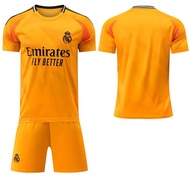 Real Madrid Away Match Orange Jersey Shorts Football Kit Set Customizable Number 7 Vinicius CR7 Mbap