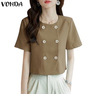 Vonda Women Korean Casual Round Neck Short Sleeves Double-Breasted Solid Colour Blazer
