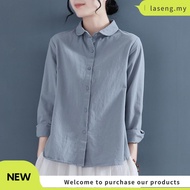 LAHSTORE women's loose long-sleeved linen shirt with youthful lotus collar ASM22 (Blue)