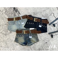 Brown stretch denimShorts with belt 7019