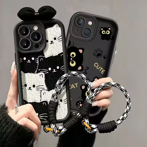 Cute Bow Pet Black Cat Lanyard Phone Case For Xiaomi MI 15T POCO X8 Pro Max Ultra F7 M7 X7 X5 F5 X6 