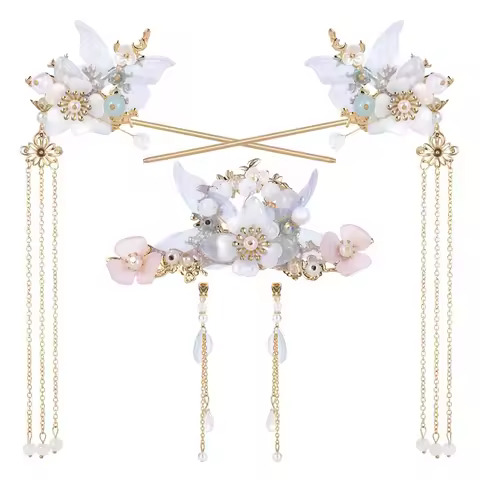 AB72-3PCS Camellia Flower Tassels Hairpin,Pearl Hair Clips Headpiece Retro Chinese Hanfu Wedding Bri