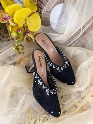 Sendal Payet Hak Kaca Dlusi hitam/ Sandal Wanita / Heels / sepatu pengantin/ sepatu brukat/ sepatu p