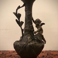 法國百年Art nouveau大型天使錫青銅雕花瓶-有落款