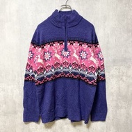 古著 Crivit 長袖北歐針織毛衣，半拉鍊，海軍藍和粉紅色，獨特設計，L 碼