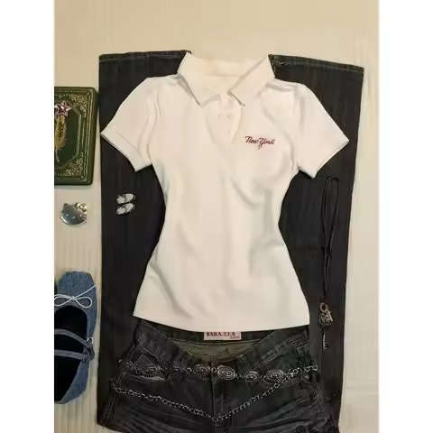 Deeptown White Vintage Letter Embroidery Women's T-Shirts Basic Short Sleeve American Style Polo Col