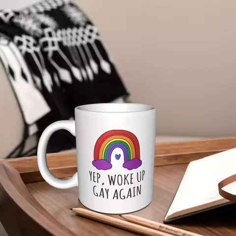 11 oz Funny Gay Pride Coffee Mug - "Waking Up Gay Again" Rainbow and Clouds Design, Dishwasher and M