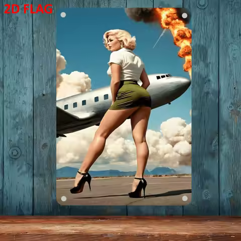 Vintage Metal Wall Sign - 2D Retro Plane & Pinup Poster, 7.9x11.9 Inch Tin Art for Living Room, Beac