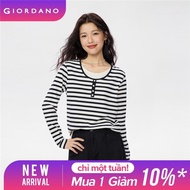 GIORDANO Women T-Shirts Fake 2-Piece Stripe Cotton Tee Button-Embellished Crewneck Long Sleeve Fashi