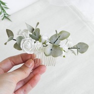 White bridal hair comb Flower hair comb Eucalyptus wedding hair piece