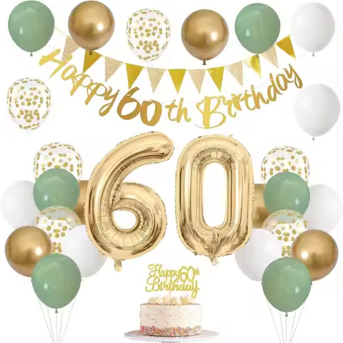 Sage Green Gold White 60th Birthday Decorations for Birthday Balloons Happy 60th Birthday Banner Cak