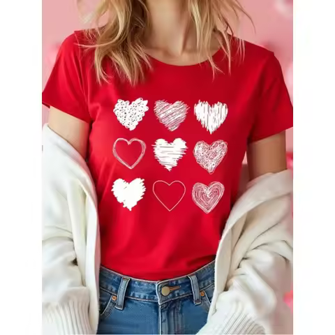 Women Red Heart Printed Shirt Fashion Street Clothing Short Sleeve Shirt Women's Soft Casual Shirt V