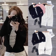 [MATCHED CADIGAN MIXED SHIRT - Baggy pants] Striped shirt set + khaki baggy pants.