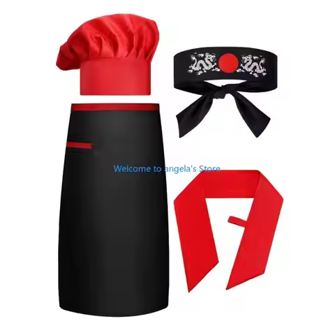 X4YC Hibachi Chefs Costume Set 4Pcs Hibachi Chefs Hat and Apron Headband Necktie Cosplay Halloween D