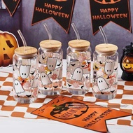 C 1/4Pcs 18.7Oz/550Ml Canned Glass Cup Halloween Drinking With Lid And Straw Cute Kawaii Coff