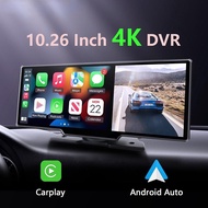 10.26 Inch Wireless Carplay Android Auto Car DVR Dashcam 4K 3840*2160 Front and 1080P Rear Camera Voice Control GPS Wifi Recorder Dual Lens