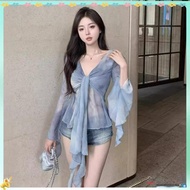 (Trendy)  Glamorous Blouse Tie Dye Contrast Mesh Front Frill Blouse for Women L106AD939