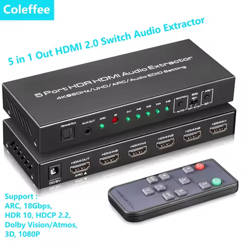 5 Port 4K HDMI Switch with Optical & 3.5mm AUX Audio Out, 5 in 1 Out HDMI Switch Audio Extractor,Sup