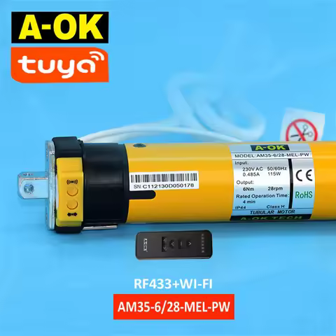 A-OK AM35 6/28 Smart Rolling Tubular Motor,RF433 Remote+Tuya wifi App,for 40/45mm/47mm/50mm Tube,for