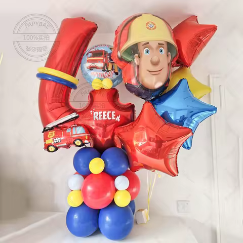 31PCS Animated Firefighter Sam Fire Truck Theme Balloon Column Set Birthday Party Decor Happy Birthd