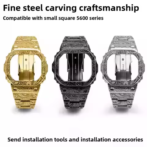 For Casio DW5600 GWM5610 GWM-B5000 Modified Carved Vintage Stainless Steel Watch Case + Watch Strap 