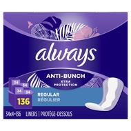 Always Anti-Bunch Xtra Protection Daily Liners, Regular Length, Unscented, 34 Count x 4 (136 Count T