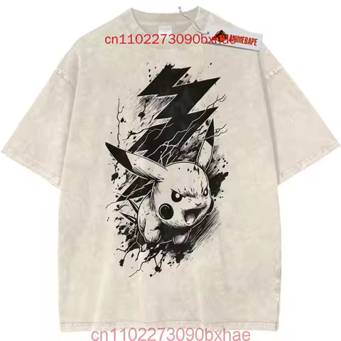 Harajuku Pokemon Acid Wash Old Craft T Shirt Hip Hop Tee Tops Clothing Cotton Short Sleeve Vintage S