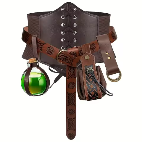 6pcs Renaissance Costume Set Belt Pouch Waist Bag Fanny Pack Cork Potion Bottle Halloween LARP Cospl