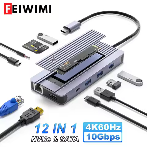 12-in-1 USB-C Hub with M.2 NVMe/SATA SSD Enclosure, Support Type-C HDMI 4K60Hz SD TF Card PD 100W 10